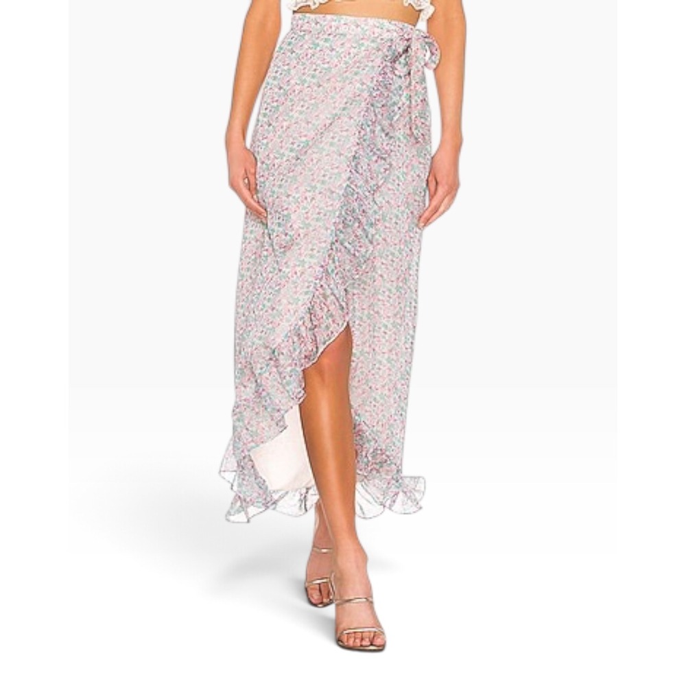 Lovers + Friends Waves For Days Wrap Skirt Pink Floral Ruffle High Low Maxi S